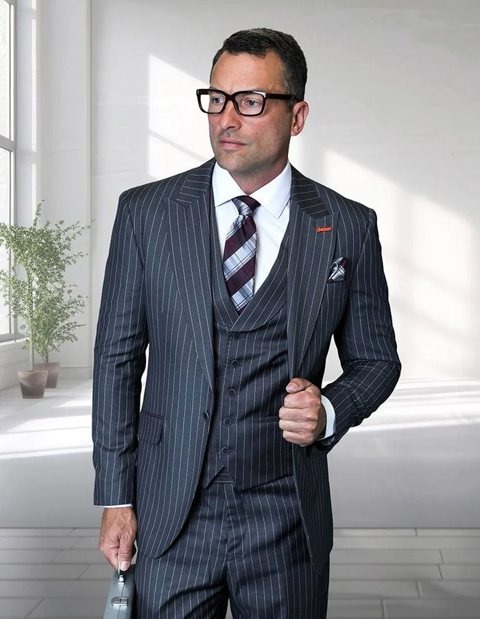 Statement Mens Modern Fit 3 Piece 100% Wool Pinstripe Suit – Wide Peak Lapel, 5 Button Vest