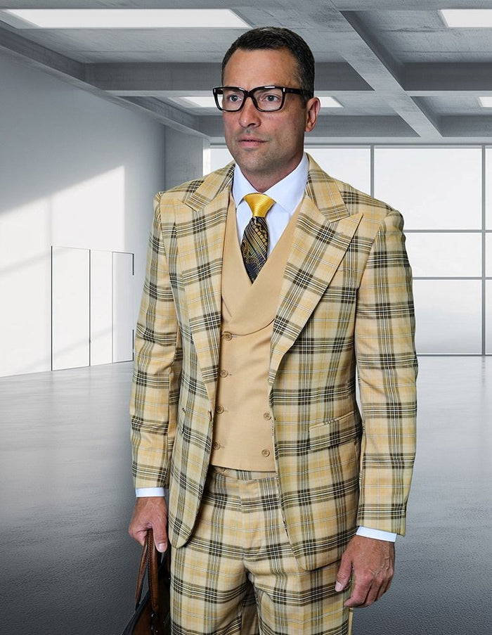 Statement Mens Modern Fit 3 Piece 100% Wool Plaid Suit – Wide Peak Lapel, Double Breasted Vest