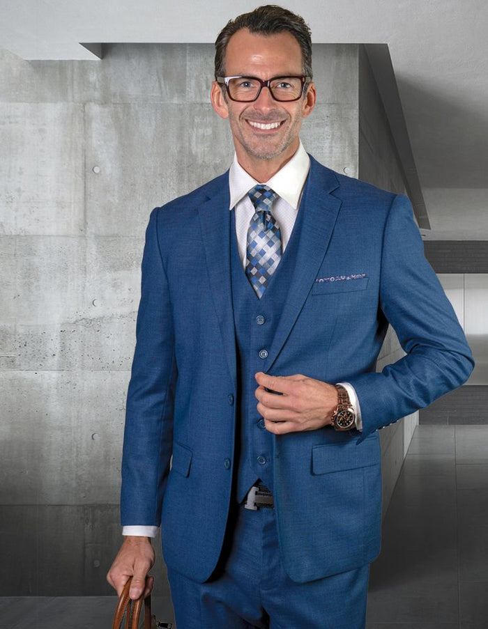 Statement Mens Modern Fit 3 Piece 100% Wool Suit – Subtle Texture, Notch Lapel Jacket