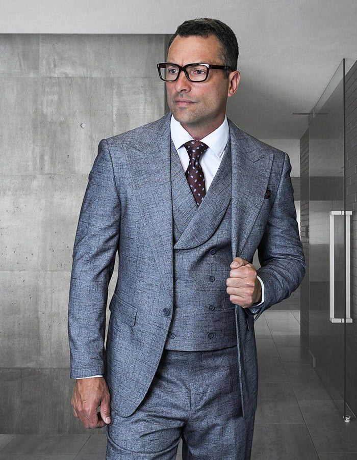 Statement Mens Modern Fit 3 Piece 100% Wool Textured Windowpane Suit – Wide Peak Lapel, Double Breasted Vest