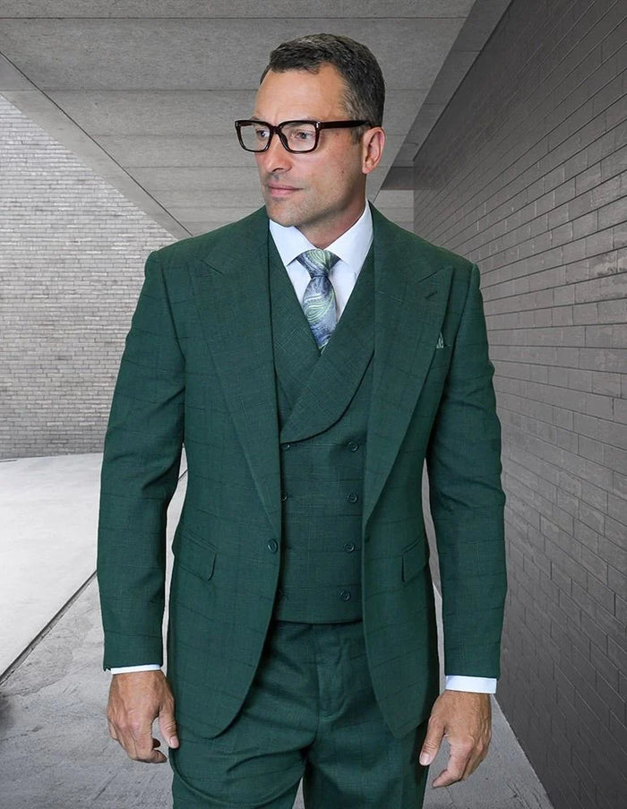 Statement Mens Modern Fit 3 Piece 100% Wool Textured Windowpane Suit – Wide Peak Lapel, Double Breasted Vest