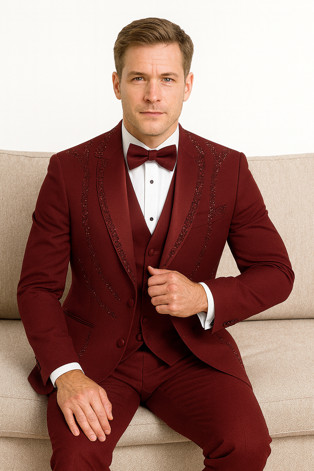 Men’s Burgundy Italian Wool 3-Piece Modern Formal Tuxedo 6   - from alligatorwarehouse.com