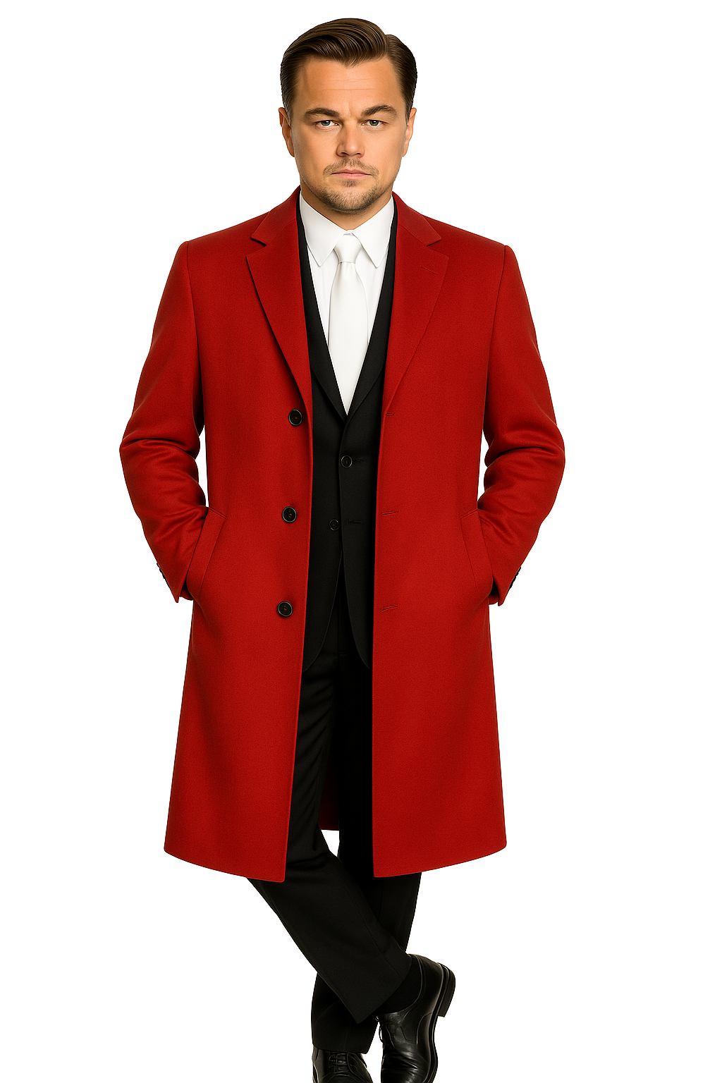 Three Buttons Red Wool Fabric Overcoat / Long men's Dress Topcoat - Winter coat