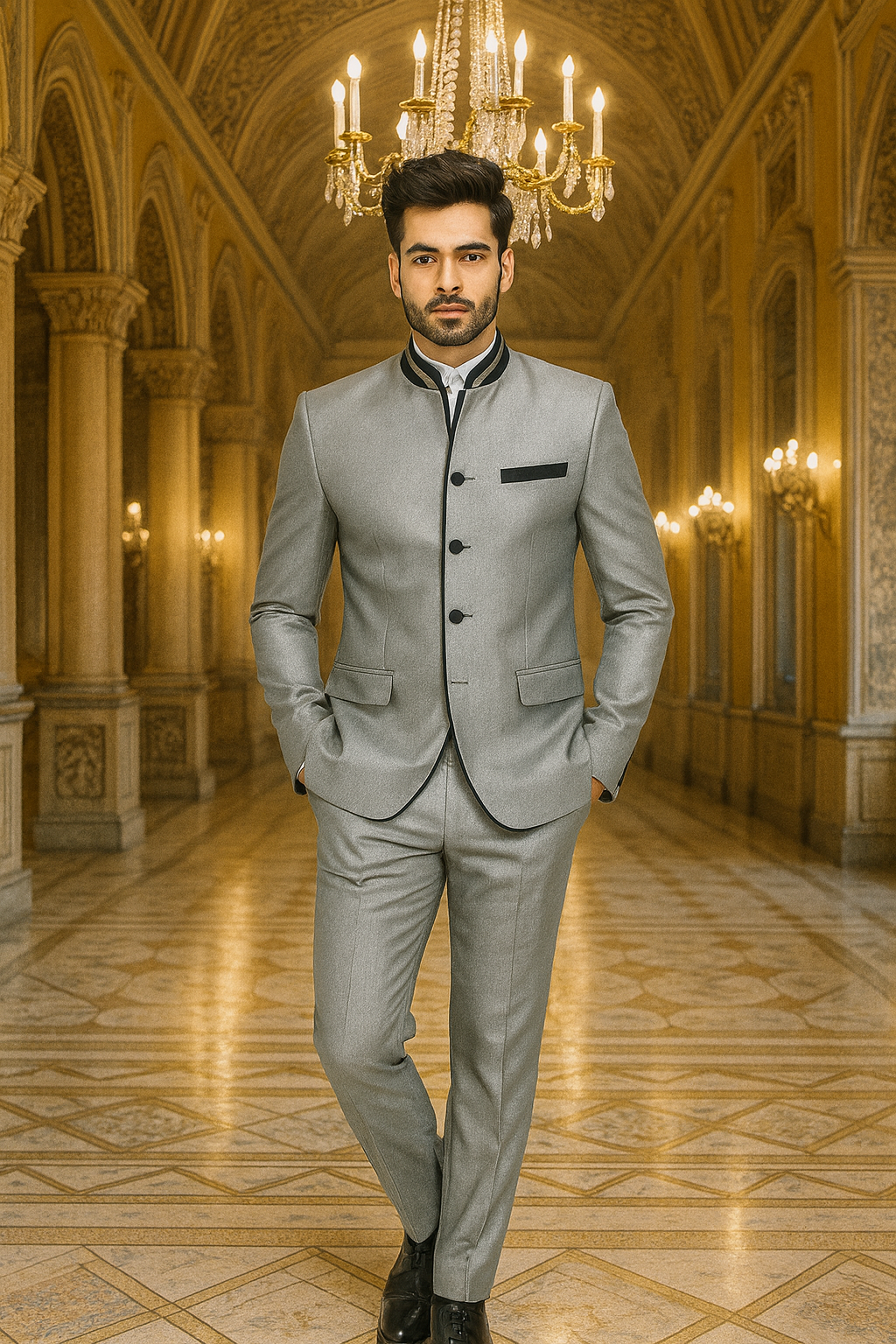 Mens 4 button Mandarin Tuxedo in Sharkskin Silver Grey with Black Trim