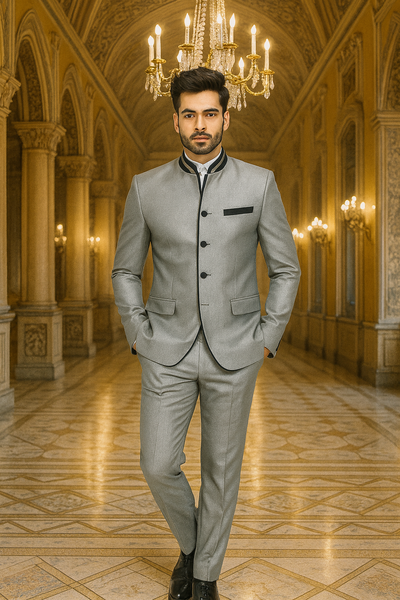 Mens 4 button Mandarin Tuxedo in Sharkskin Silver Grey with Black Trim 6 18-6081  - from alligatorwarehouse.com
