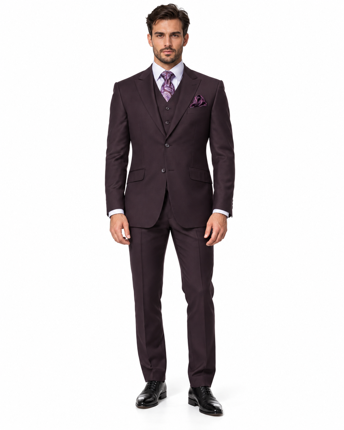 Mens 2 Button Modern Fit Vested Wool Suit in Eggplant