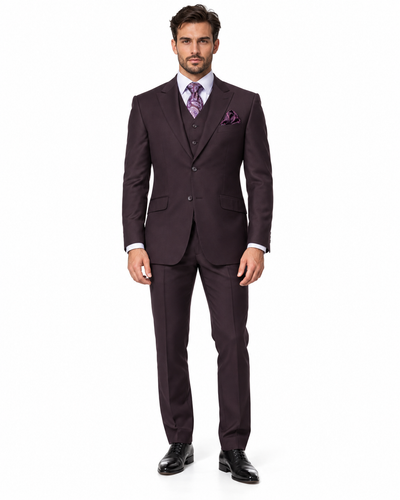 Mens 2 Button Modern Fit Vested Wool Suit in Eggplant