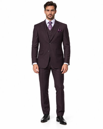 Mens 2 Button Modern Fit Vested Wool Suit in Eggplant
