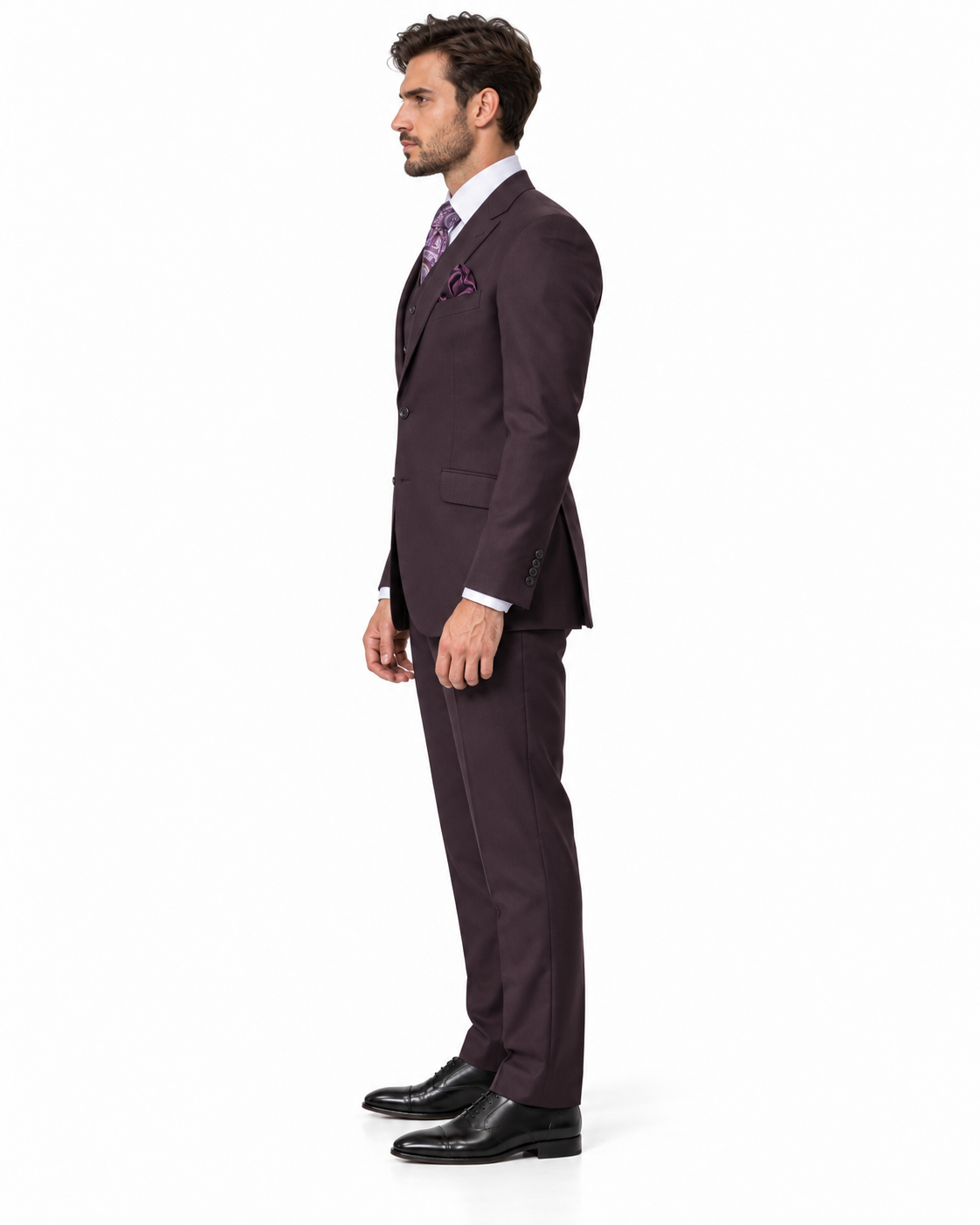 Mens 2 Button Modern Fit Vested Wool Suit in Eggplant