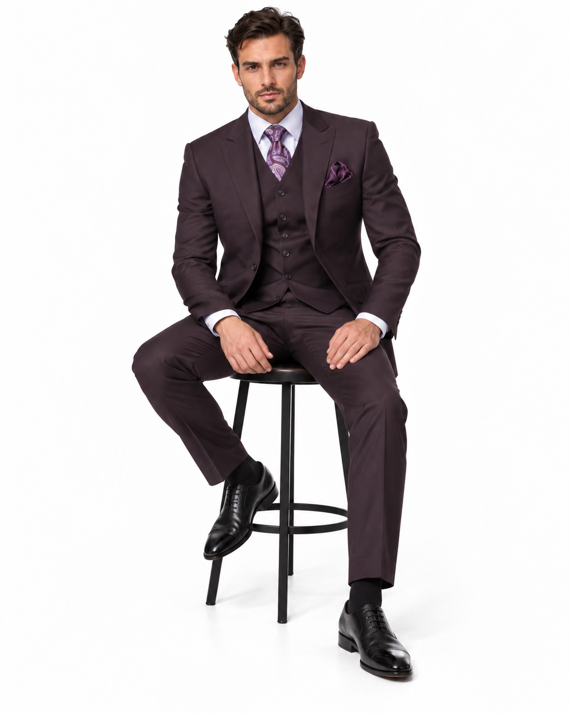 Mens 2 Button Modern Fit Vested Wool Suit in Eggplant