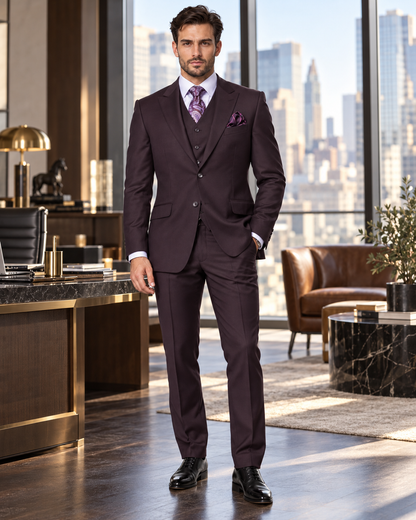 Mens 2 Button Modern Fit Vested Wool Suit in Eggplant