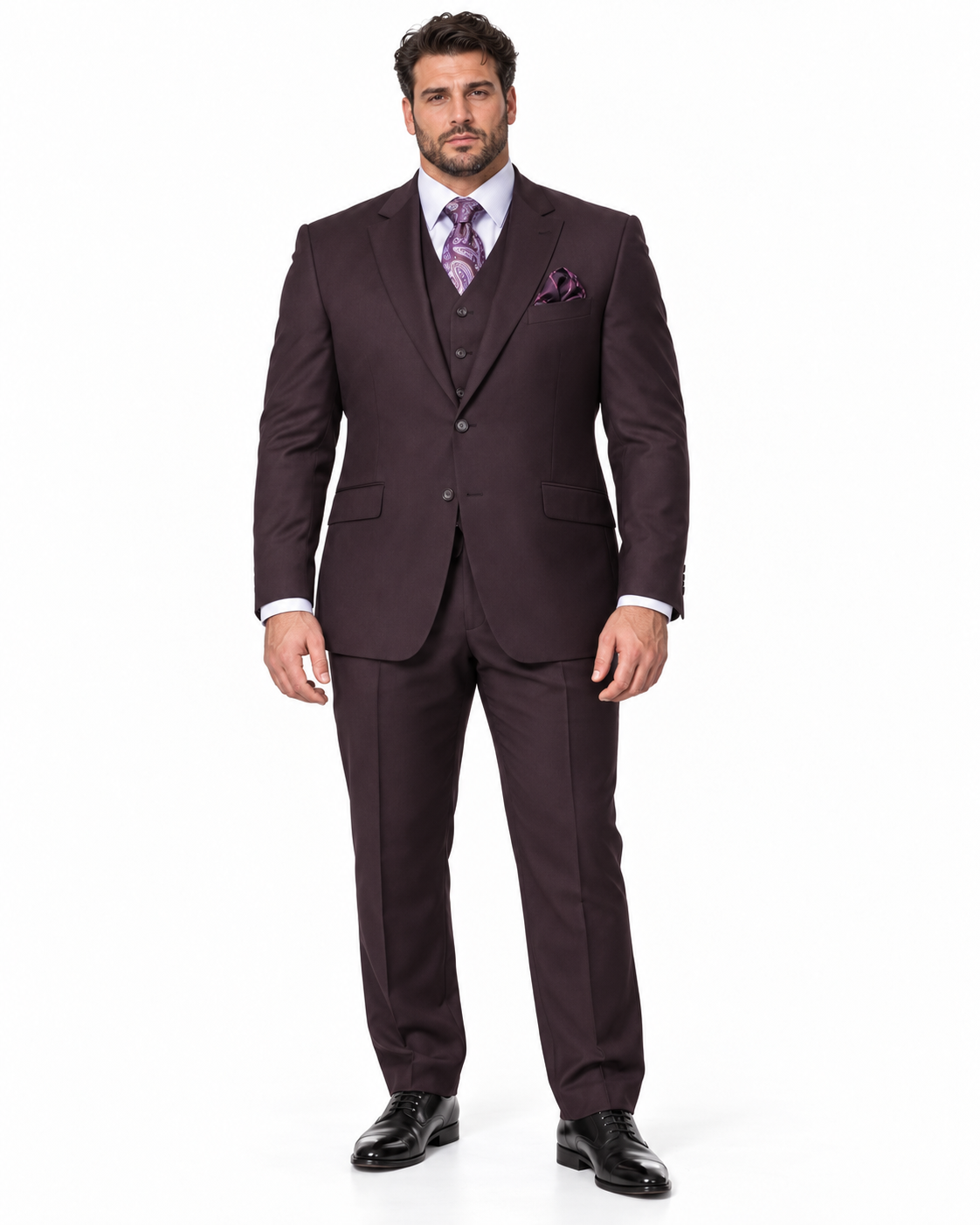 Mens 2 Button Modern Fit Vested Wool Suit in Eggplant