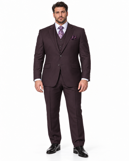 Mens 2 Button Modern Fit Vested Wool Suit in Eggplant
