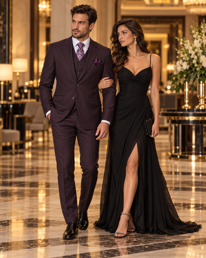 Mens 2 Button Modern Fit Vested Wool Suit in Eggplant