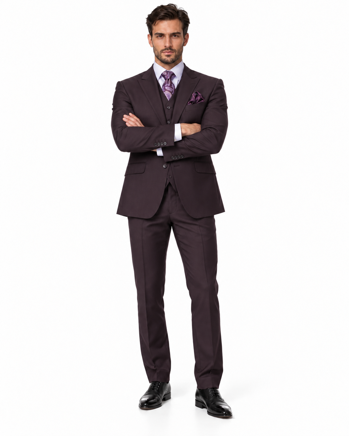 Mens 2 Button Modern Fit Vested Wool Suit in Eggplant