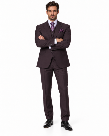 Mens 2 Button Modern Fit Vested Wool Suit in Eggplant