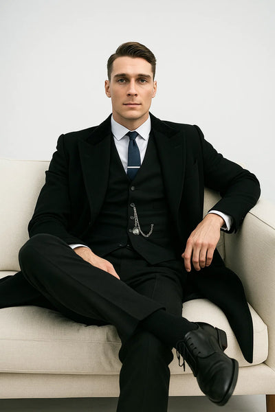 Mens Costume Thomas Shelby Black Vested Suit & Black Overcoat 5 XQ-6462  - from alligatorwarehouse.com