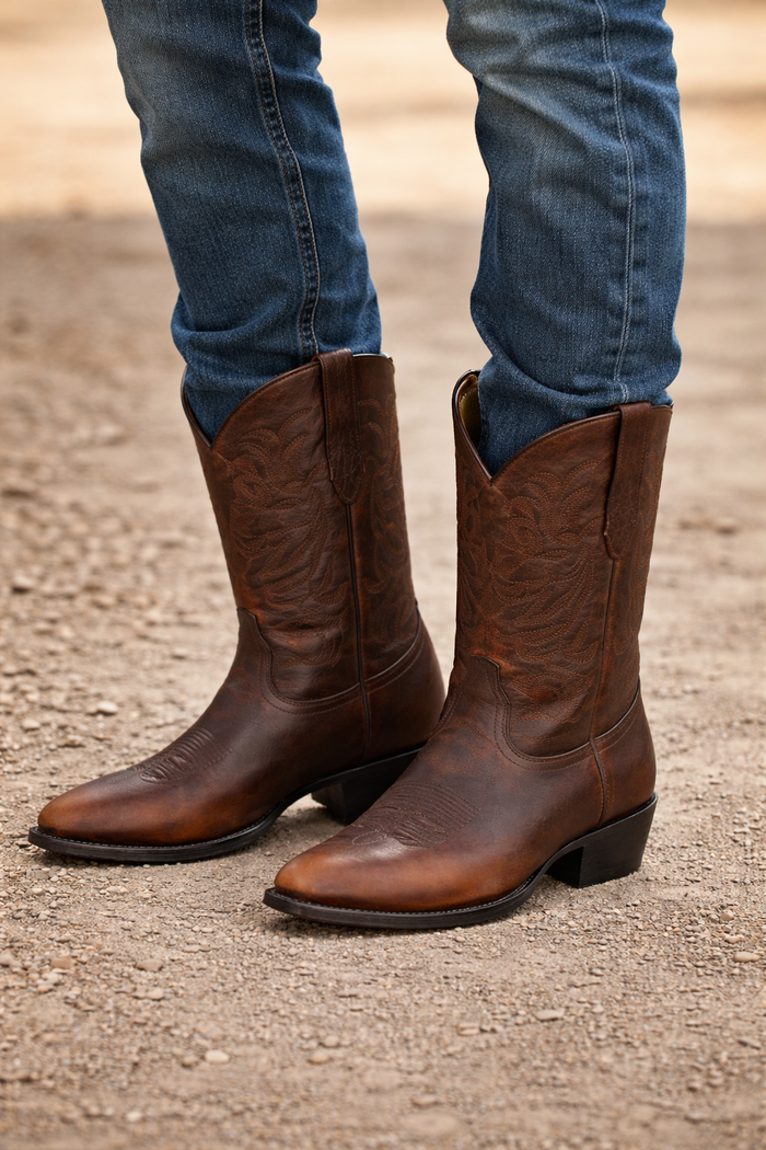 Los Altos Boots - Mens Dress Cowboy Boot - Low Priced Classic Round Toe Cowboy Boots- in Walnut