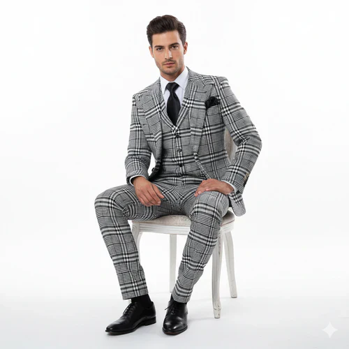Suits With Baggy Pleated Pants - Wide Leg Pants 100% Wool - Classic Fit in One Button 3 Piece Suit by Rossiman