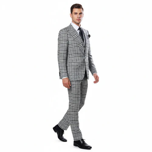 Suits With Baggy Pleated Pants - Wide Leg Pants 100% Wool - Classic Fit in One Button 3 Piece Suit by Rossiman