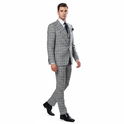 Suits With Baggy Pleated Pants - Wide Leg Pants 100% Wool - Classic Fit in One Button 3 Piece Suit by Rossiman
