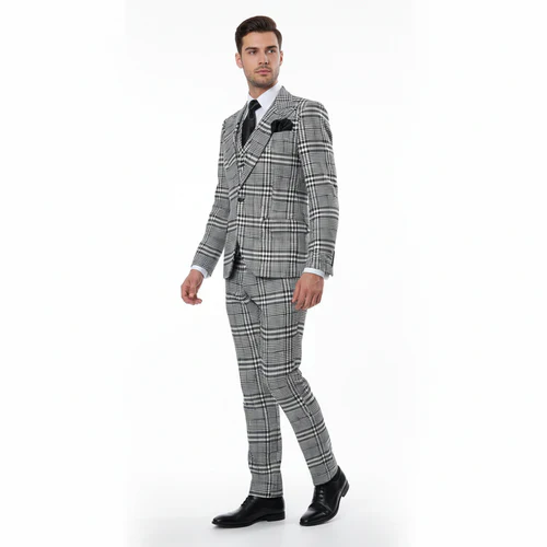 Suits With Baggy Pleated Pants - Wide Leg Pants 100% Wool - Classic Fit in One Button 3 Piece Suit by Rossiman