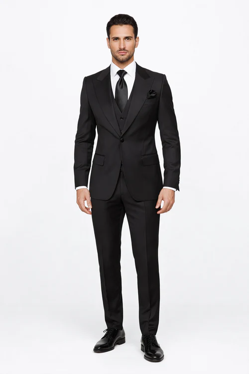 Suits With Baggy Pleated Pants - Wide Leg Pants 100% Wool - Classic Fit in Black Color by Rossiman
