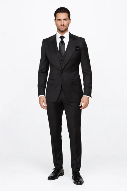 Suits With Baggy Pleated Pants - Wide Leg Pants 100% Wool - Classic Fit in Black Color by Rossiman