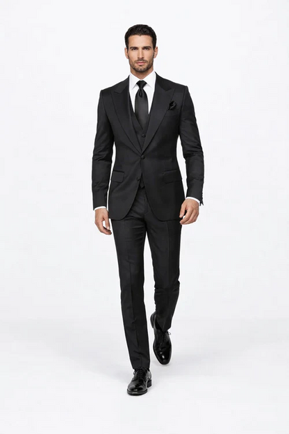 Suits With Baggy Pleated Pants - Wide Leg Pants 100% Wool - Classic Fit in Black Color by Rossiman