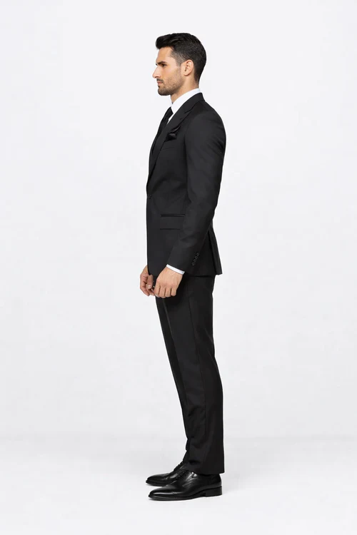 Suits With Baggy Pleated Pants - Wide Leg Pants 100% Wool - Classic Fit in Black Color by Rossiman