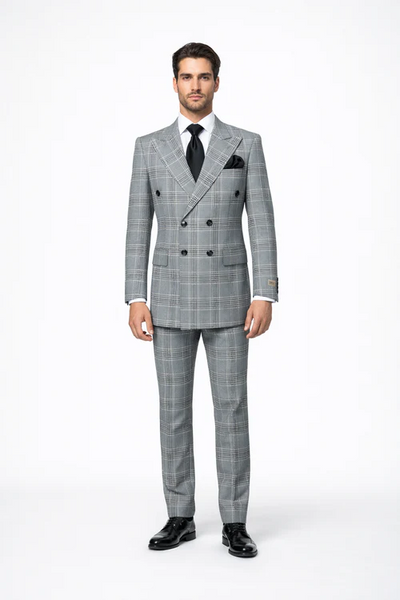 Grey Prince of Wales Check Suit – Rossiman Glen Plaid Double-Breasted Two-Piece for Men