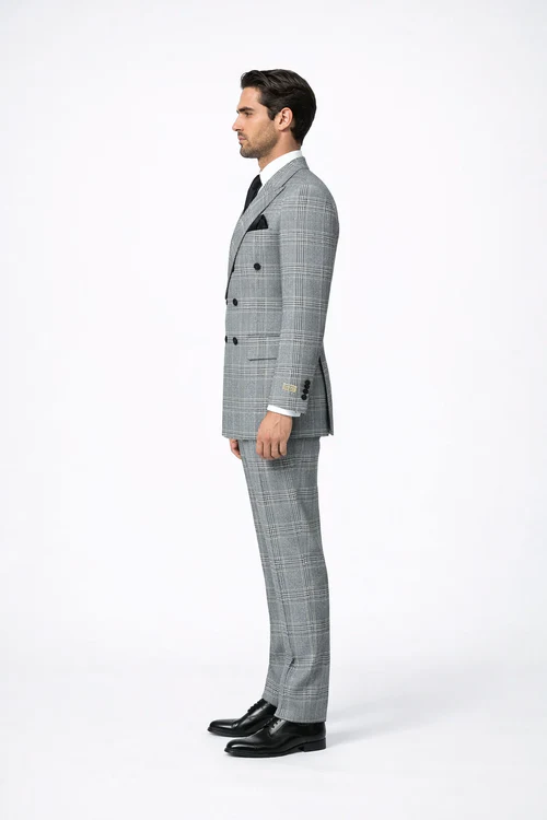 Grey Prince of Wales Check Suit – Rossiman Glen Plaid Double-Breasted Two-Piece for Men