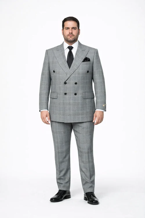 Grey Prince of Wales Check Suit – Rossiman Glen Plaid Double-Breasted Two-Piece for Men