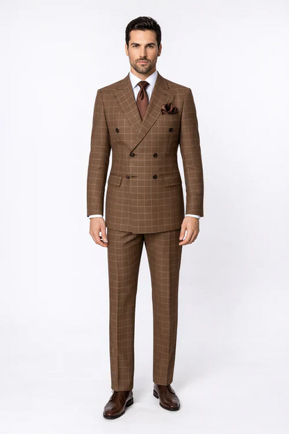 Suits With Baggy Pleated Pants - Wide Leg Pants 100% Wool - Classic Fit in Brown Plaid Color by Rossiman
