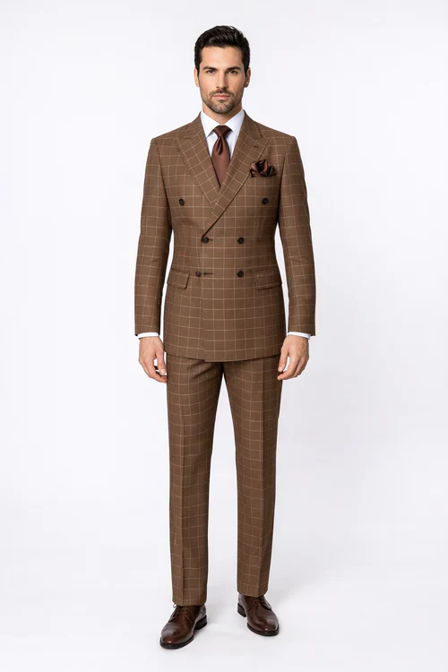 Suits With Baggy Pleated Pants - Wide Leg Pants 100% Wool - Classic Fit in Brown Plaid Color by Rossiman