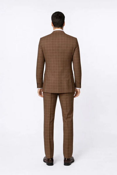 Suits With Baggy Pleated Pants - Wide Leg Pants 100% Wool - Classic Fit in Brown Plaid Color by Rossiman