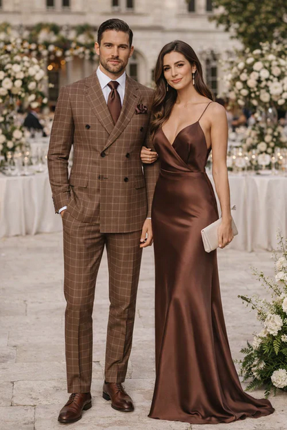 Suits With Baggy Pleated Pants - Wide Leg Pants 100% Wool - Classic Fit in Brown Plaid Color by Rossiman