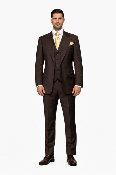 Suits With Baggy Pleated Pants - Wide Leg Pants 100% Wool - Classic Fit in Brown One Button 3 Piece Suit  by Rossiman