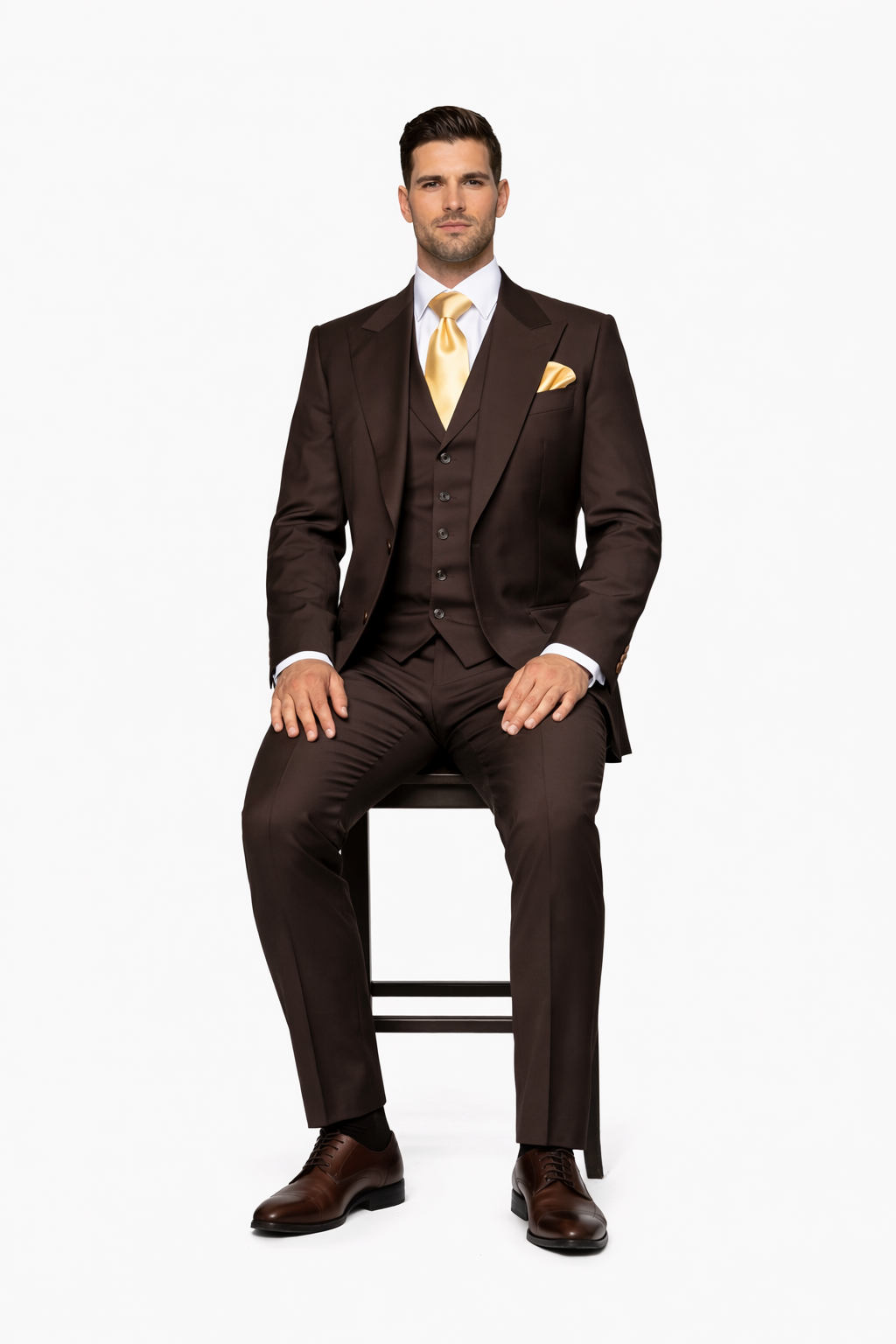 Suits With Baggy Pleated Pants - Wide Leg Pants 100% Wool - Classic Fit in Brown One Button 3 Piece Suit  by Rossiman