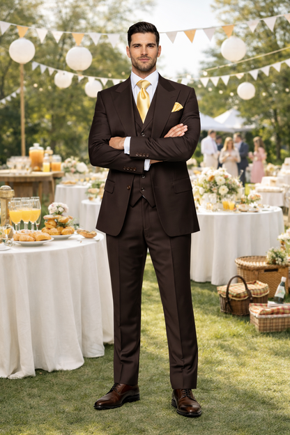 Suits With Baggy Pleated Pants - Wide Leg Pants 100% Wool - Classic Fit in Brown One Button 3 Piece Suit  by Rossiman