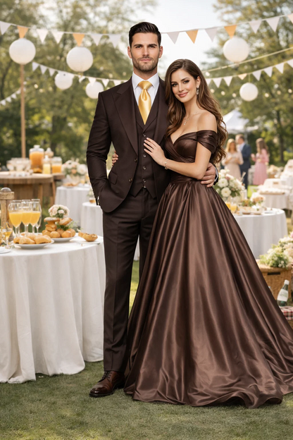 Suits With Baggy Pleated Pants - Wide Leg Pants 100% Wool - Classic Fit in Brown One Button 3 Piece Suit  by Rossiman