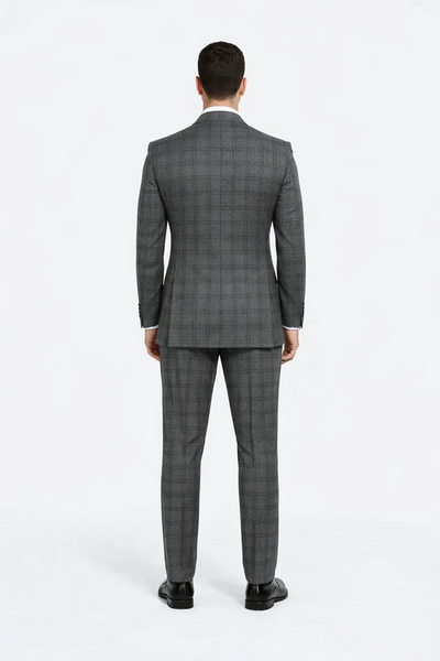 Suits With Baggy Pleated Pants - Wide Leg Pants 100% Wool - Classic Fit in Color Charcoal with Blue Plaid by Rossiman