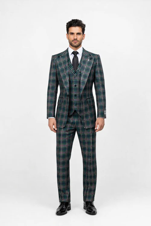 Suits With Baggy Pleated Pants - Wide Leg Pants 100% Wool - Classic Fit in Green Color by Rossiman