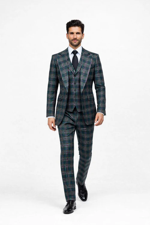 Suits With Baggy Pleated Pants - Wide Leg Pants 100% Wool - Classic Fit in Green Color by Rossiman