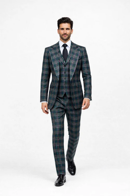 Suits With Baggy Pleated Pants - Wide Leg Pants 100% Wool - Classic Fit in Green Color by Rossiman