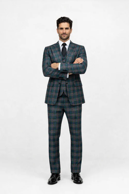 Suits With Baggy Pleated Pants - Wide Leg Pants 100% Wool - Classic Fit in Green Color by Rossiman