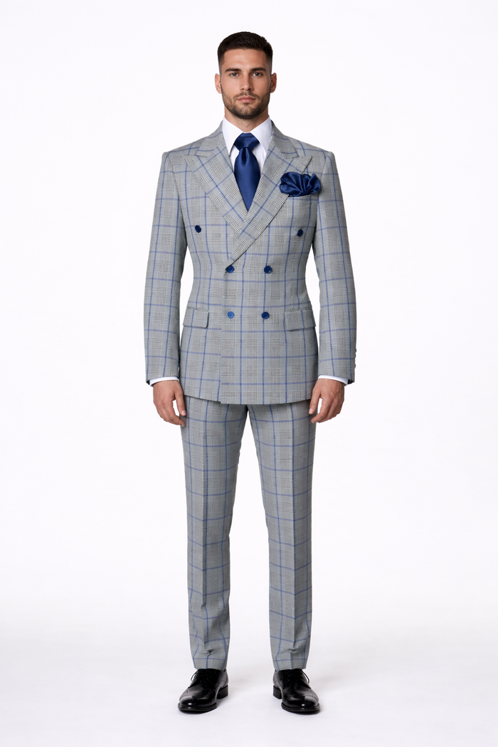 Suits With Baggy Pleated Pants - Wide Leg Pants 100% Wool - Classic Fit in Color Grey with Blue Plaid by Rossiman