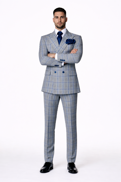 Suits With Baggy Pleated Pants - Wide Leg Pants 100% Wool - Classic Fit in Color Grey with Blue Plaid by Rossiman