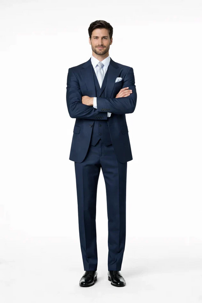 Suits With Baggy Pleated Pants - Wide Leg Pants 100% Wool - Classic Fit in Navy Single Breast Lapel by Rossiman