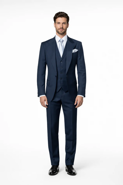 Suits With Baggy Pleated Pants - Wide Leg Pants 100% Wool - Classic Fit in Navy Single Breast Lapel by Rossiman